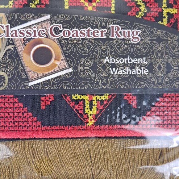 Arabic Rug Set of 4 Drink Coasters Red Black Yellow Gold Fringed Ends NWT - Picture 3 of 5